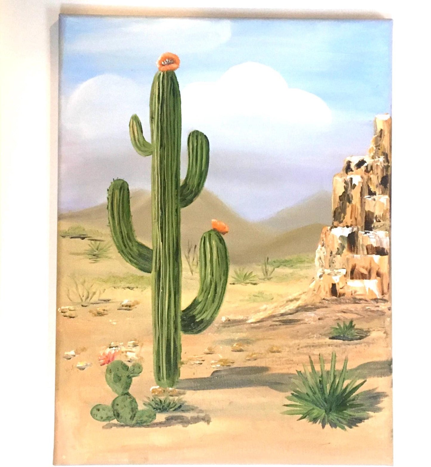 Landscape desert 16x12 inches Original oil painting cactus outdoor sunny day art wall hanging