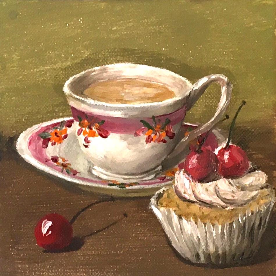 Tea and cupcake with cherries on top 6x6 inches Original oil painting art wall hanging desk decoration