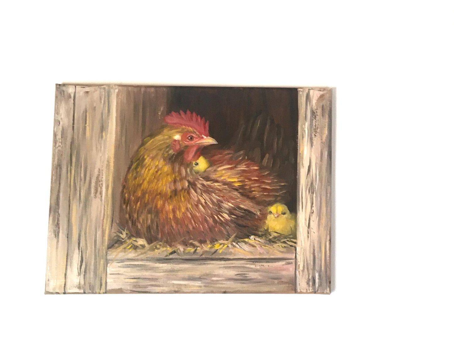 Mother hen chicks 16x12 inches Original oil painting art wall hanging