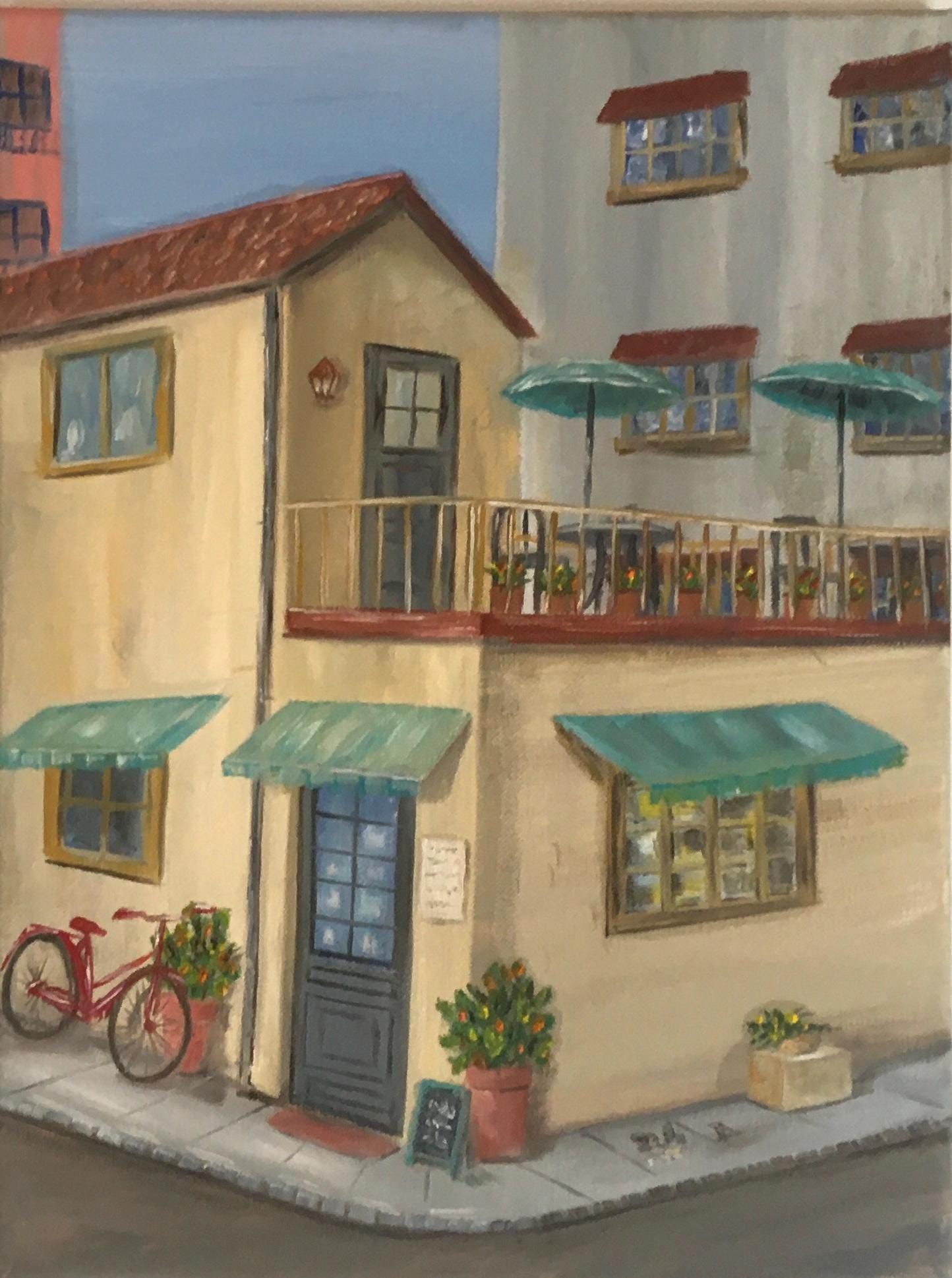Rooftop restaurant sunny day 16x12 inches Original oil painting art wall hanging