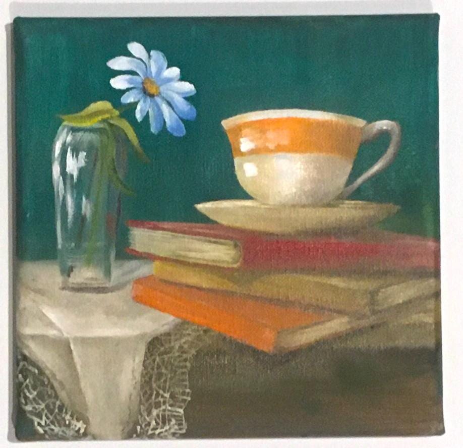 Original oil painting 8x8 inches teacup on books flower vase art ready ooak wall hanging gift