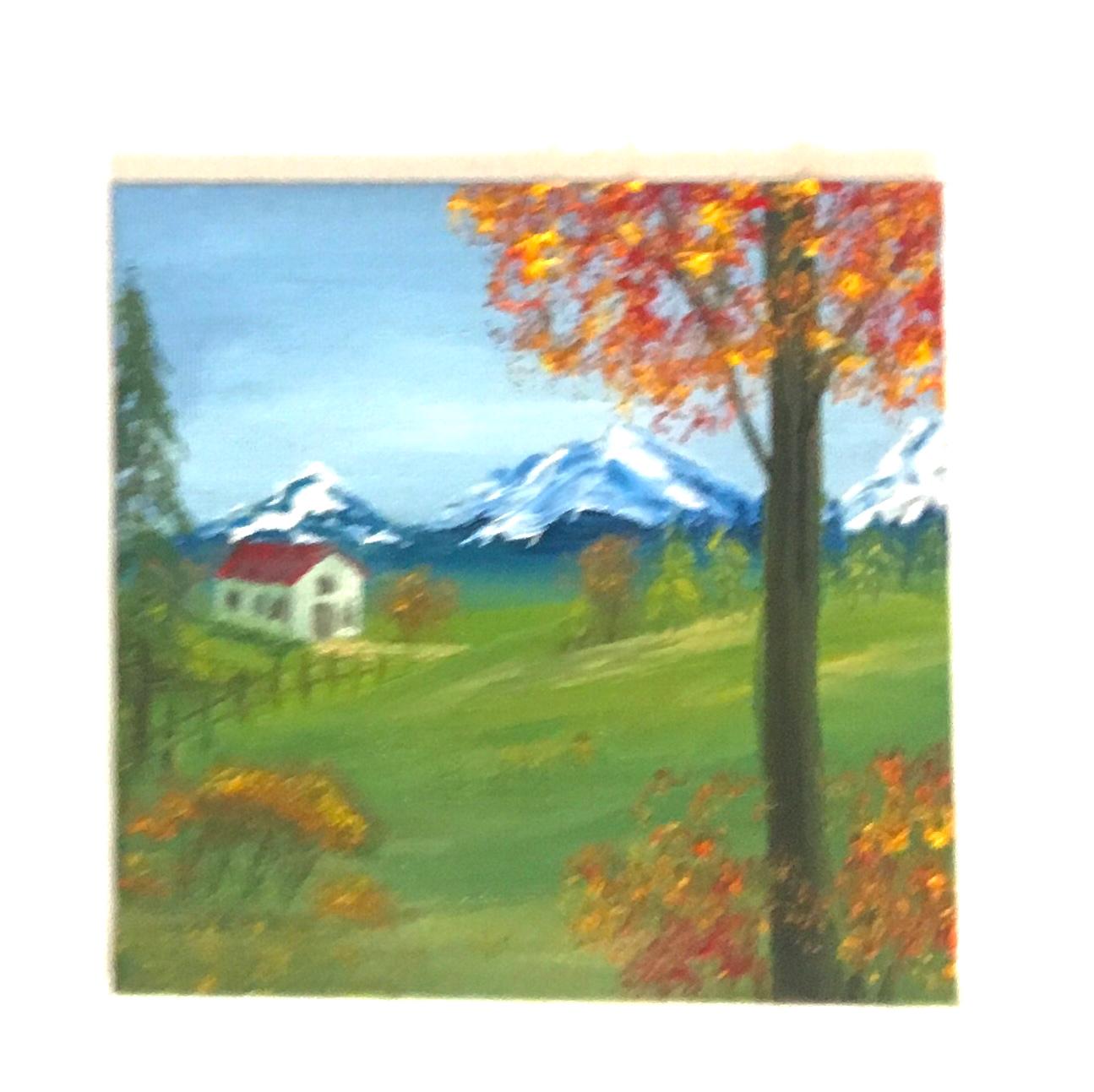 Original 6x6 inches oil painting landscape mountain trees small canvas art