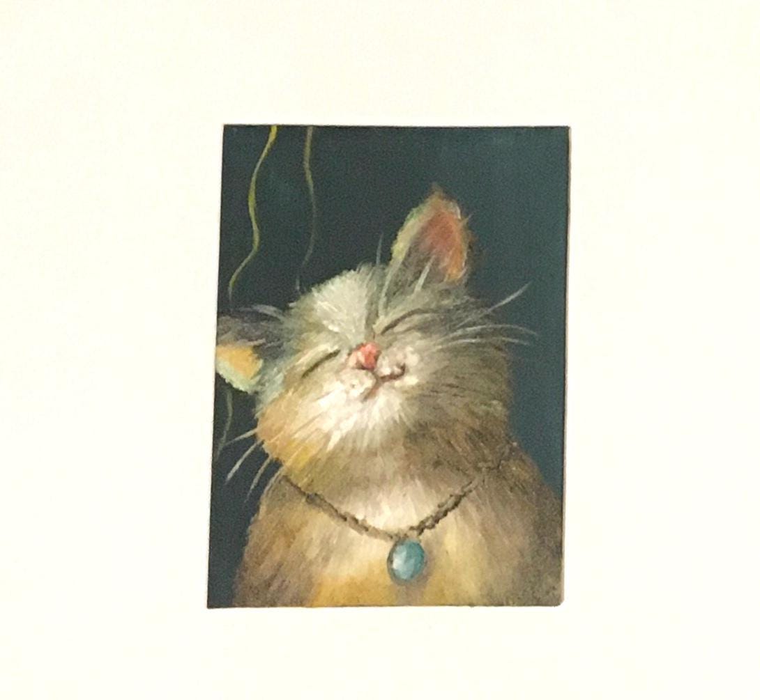 Original oil painting 5x7 inches happy cat art ready ooak wall hanging gift