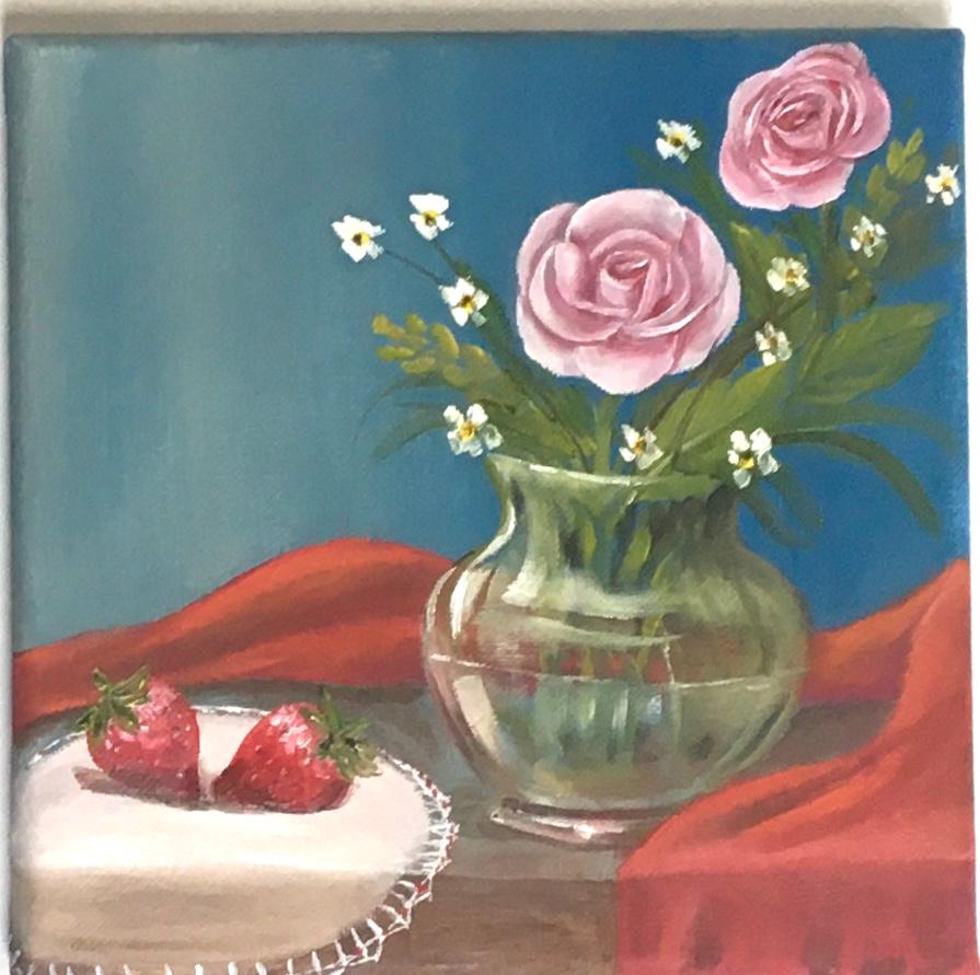 Original oil painting 8x8 inches red strawberries flowers vase art ready ooak wall hanging gift