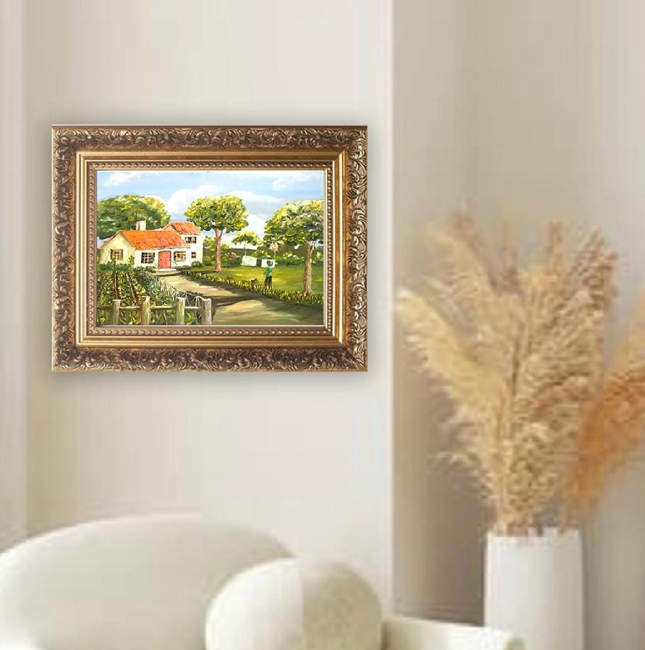Landscape home 16x20 inches Original oil painting outdoor sunny day art wall hanging