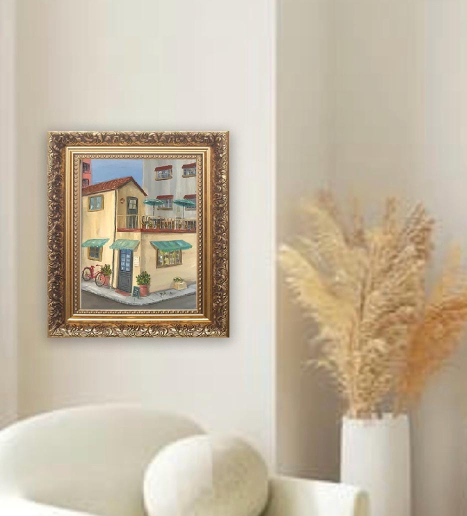 Rooftop restaurant sunny day 16x12 inches Original oil painting art wall hanging