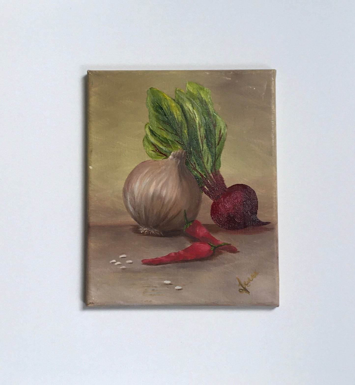 Original oil painting art onion turnip peppers kitchen food wall hanging