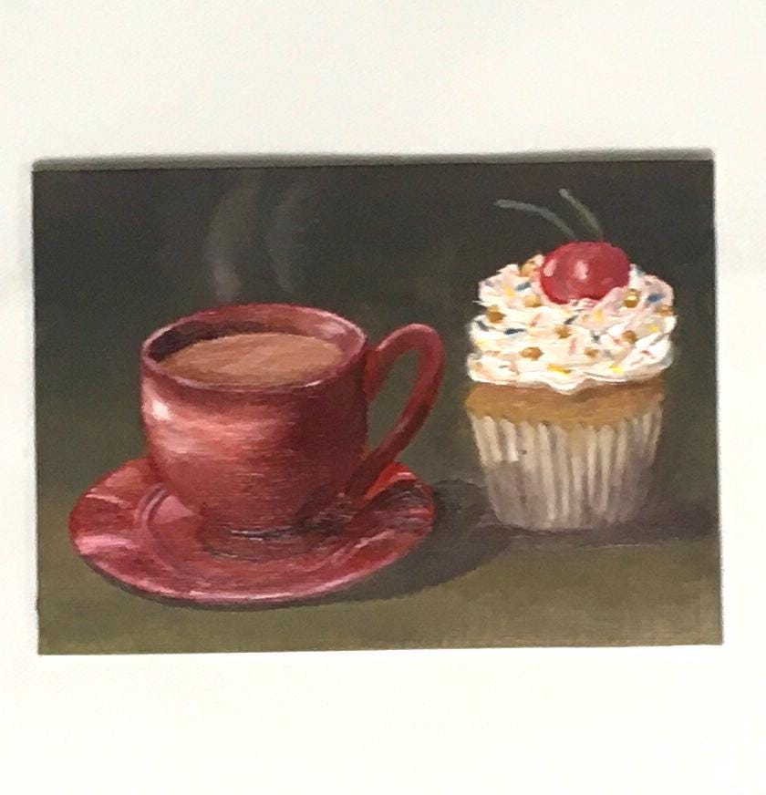 Framed Original 5x7 inches oil painting cupcake teacup small canvas board art