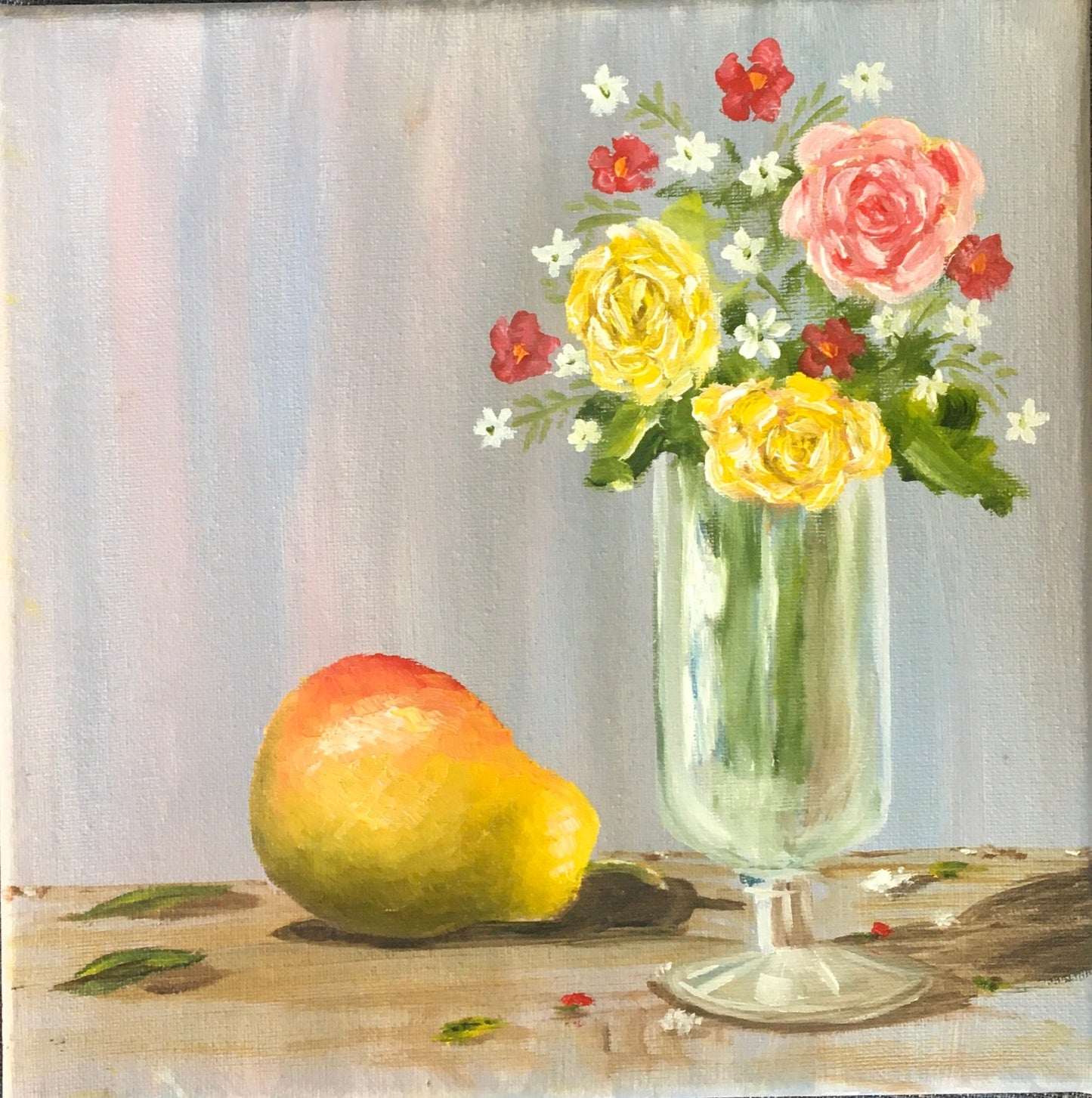 Original oil painting pear fruit flowers kitchen art ready ooak wall hanging gift