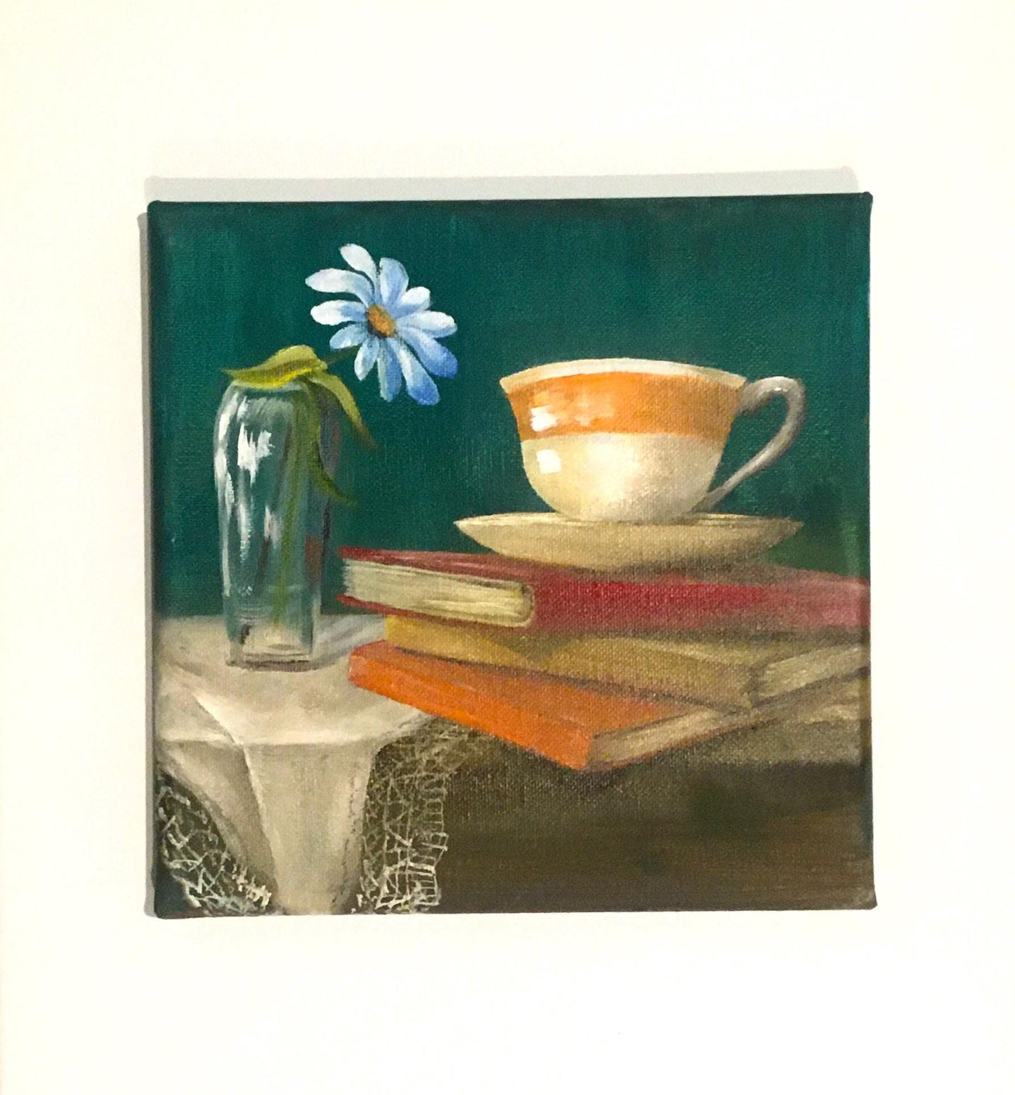 Original oil painting 8x8 inches teacup on books flower vase art ready ooak wall hanging gift