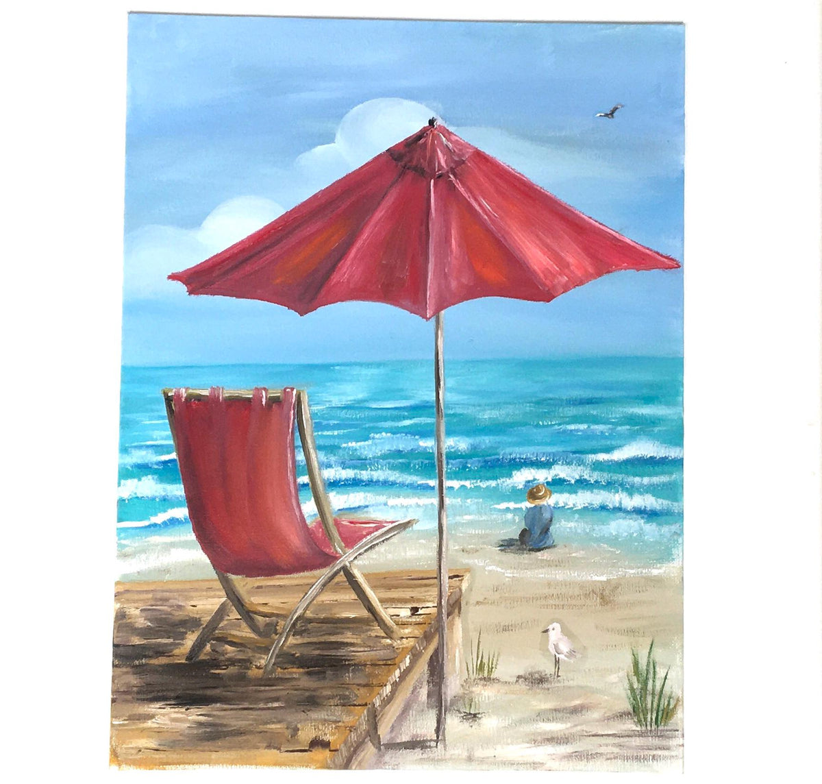 Seascape beach 16x12 inches Original oil painting red umbrella art wall hanging