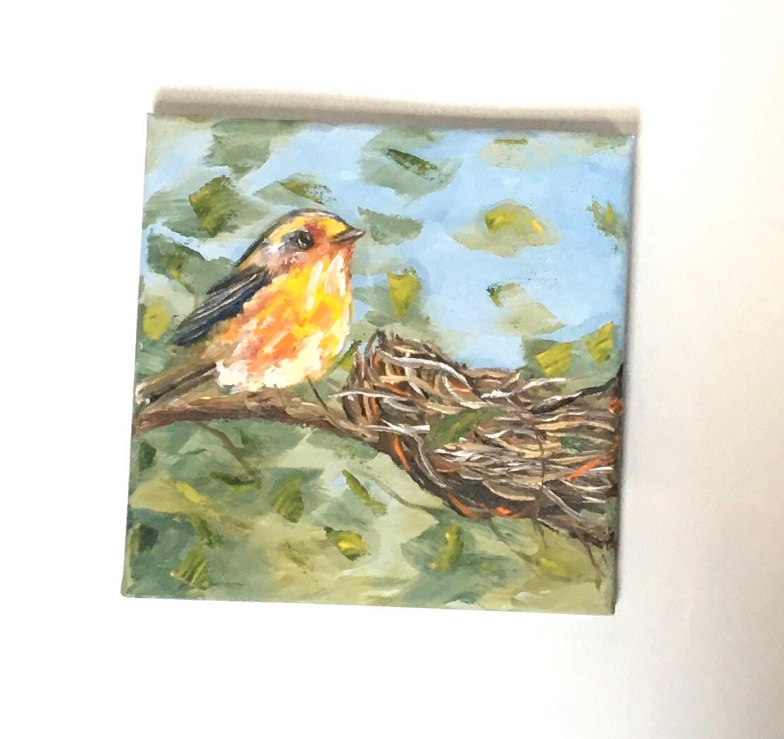 Original oil painting 8x8 inches bird nest art ready ooak wall hanging gift