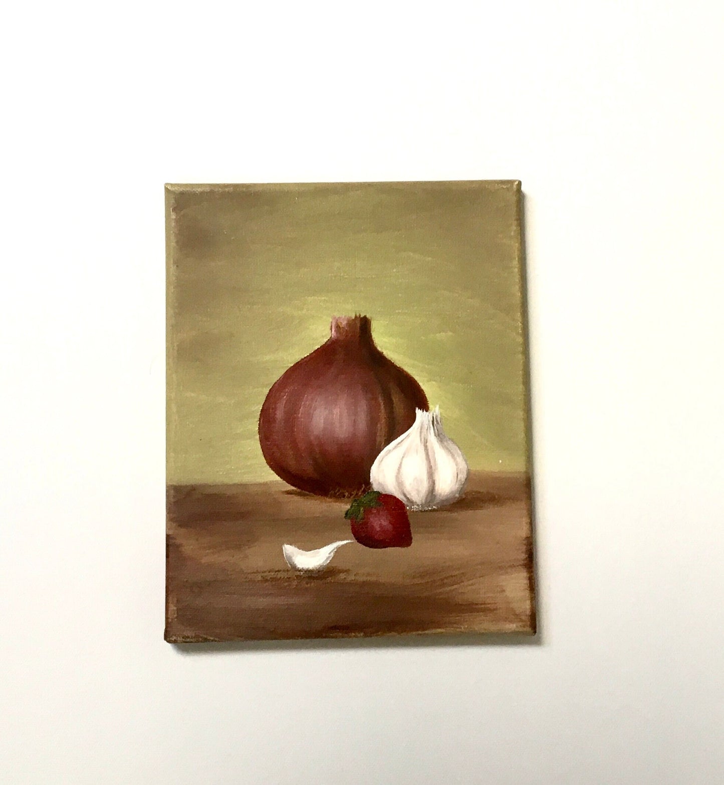 Original oil painting art onion garlic with a strawberry kitchen food wall hanging