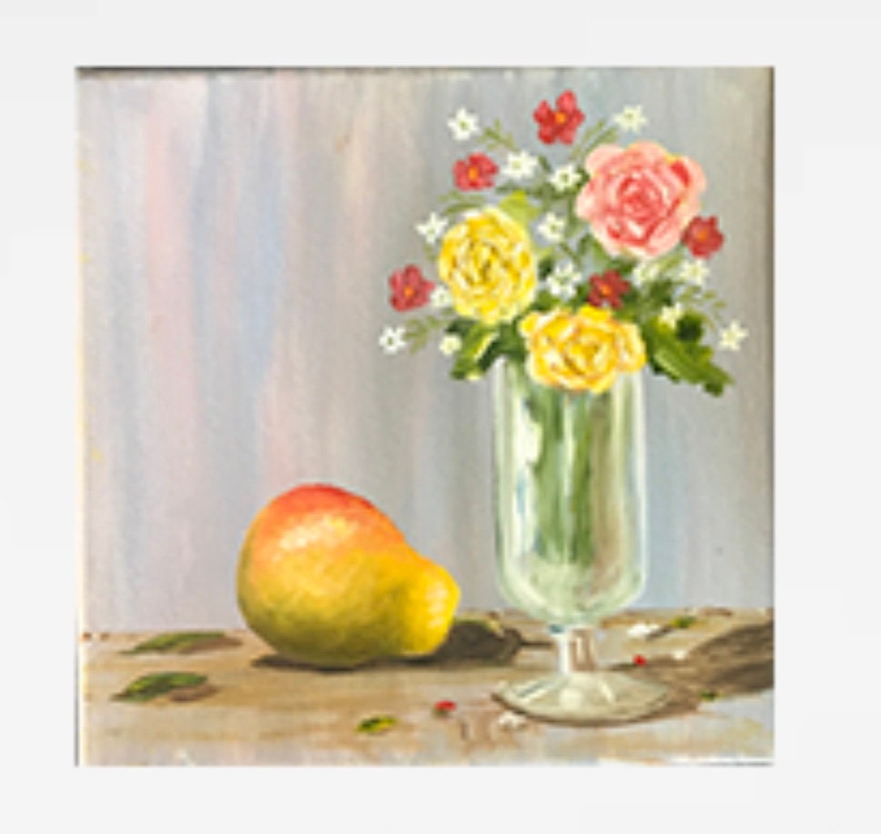 Original oil painting pear fruit flowers kitchen art ready ooak wall hanging gift