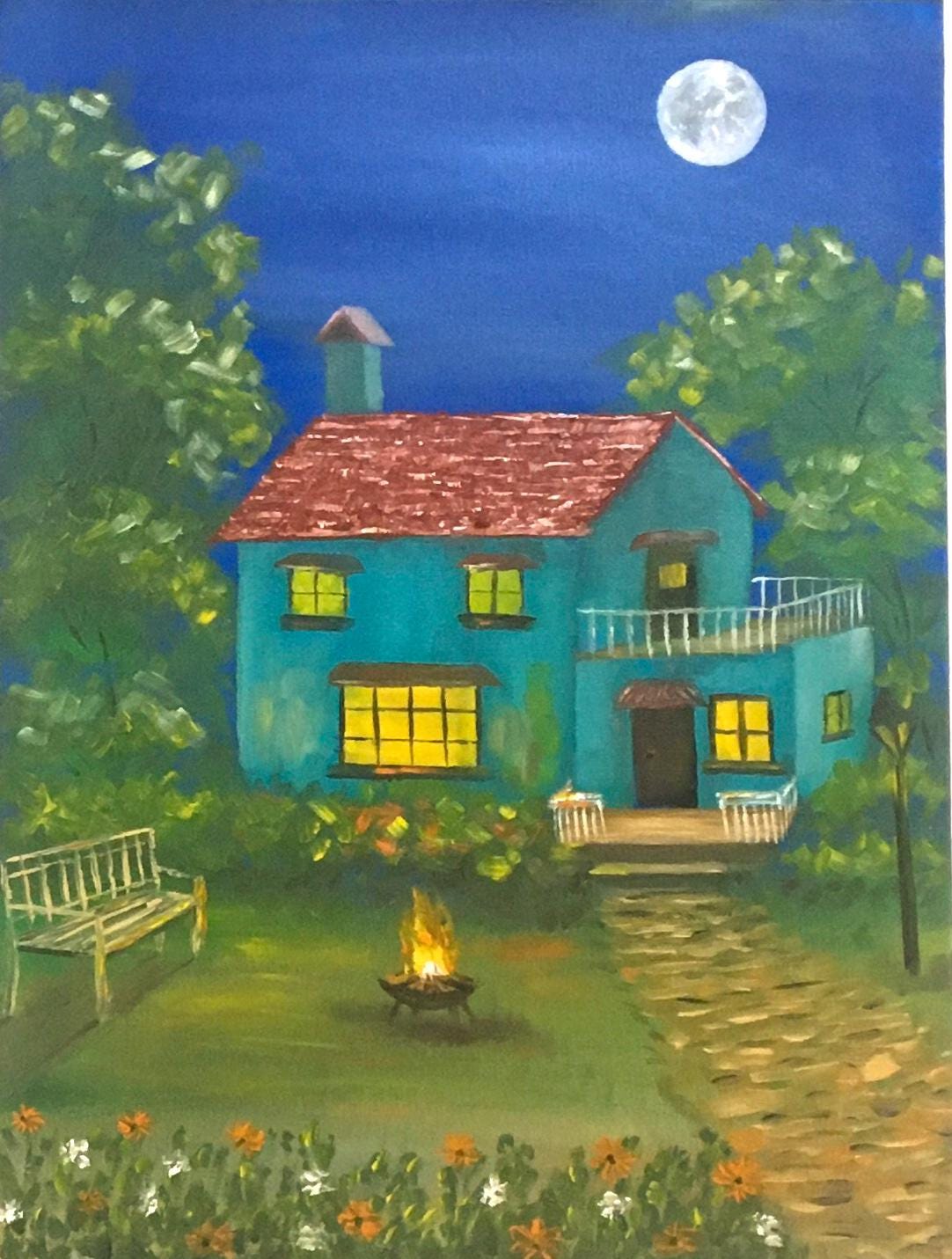 Full moon night house cozy home fire Original oil painting art wall hanging