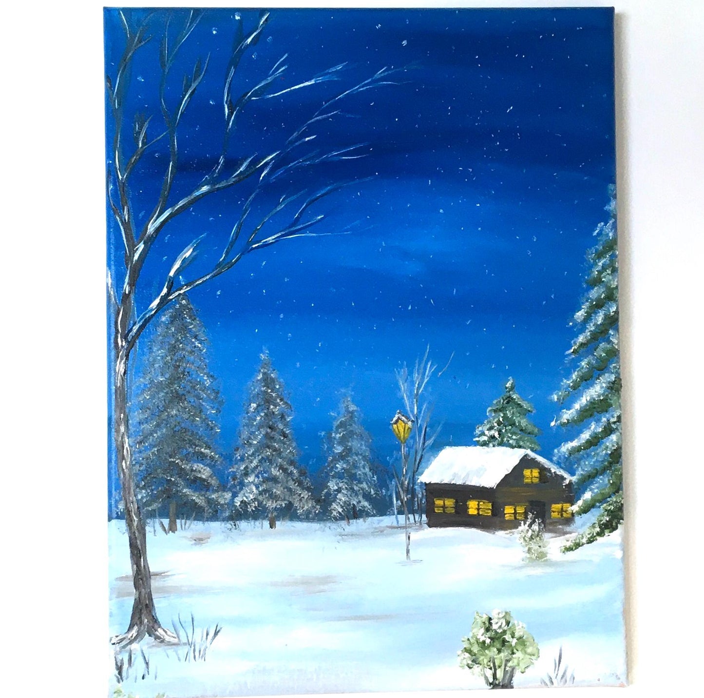 Landscape winter night 16x20 inches Original oil painting outdoor snow art wall hanging