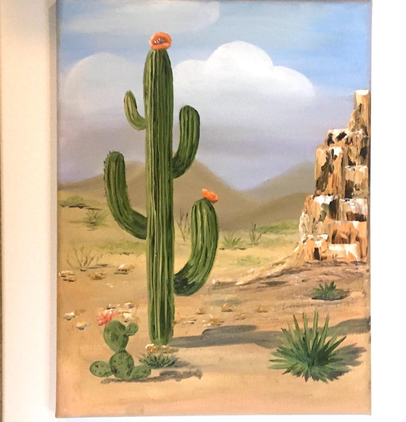 Landscape desert 16x12 inches Original oil painting cactus outdoor sunny day art wall hanging