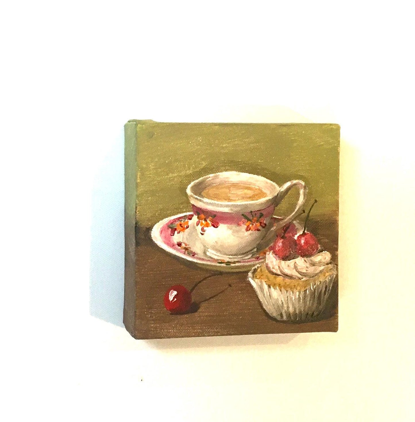 Tea and cupcake with cherries on top 6x6 inches Original oil painting art wall hanging desk decoration