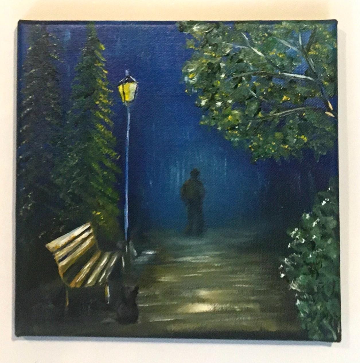 Original oil painting 8x8 inches rainy night cat person art ready ooak wall hanging gift