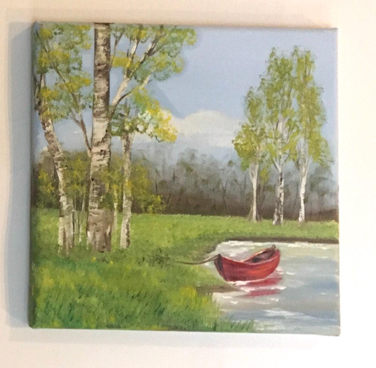 Original oil painting 8x8 inches landscape boat outdoors art ready ooak wall hanging gift
