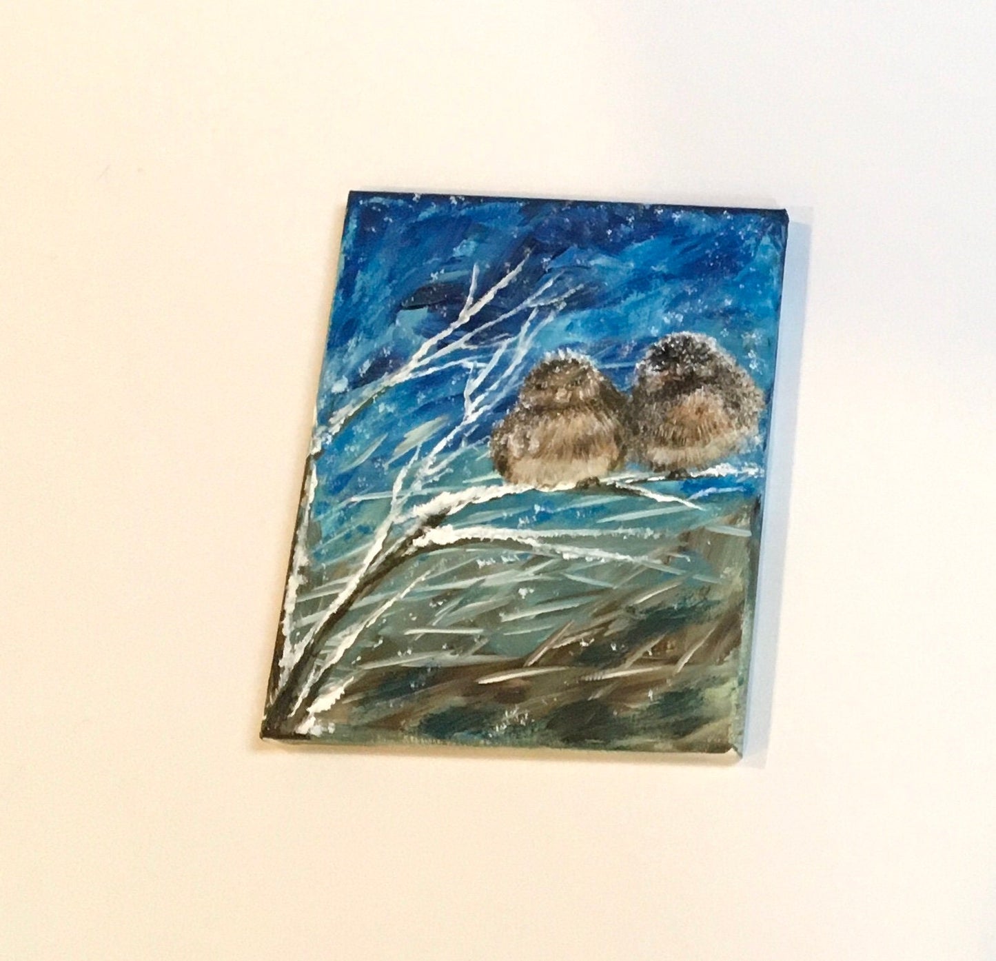 Love forever 8x10 inches Original oil painting birds chickadee in snow storm art ready wall hanging