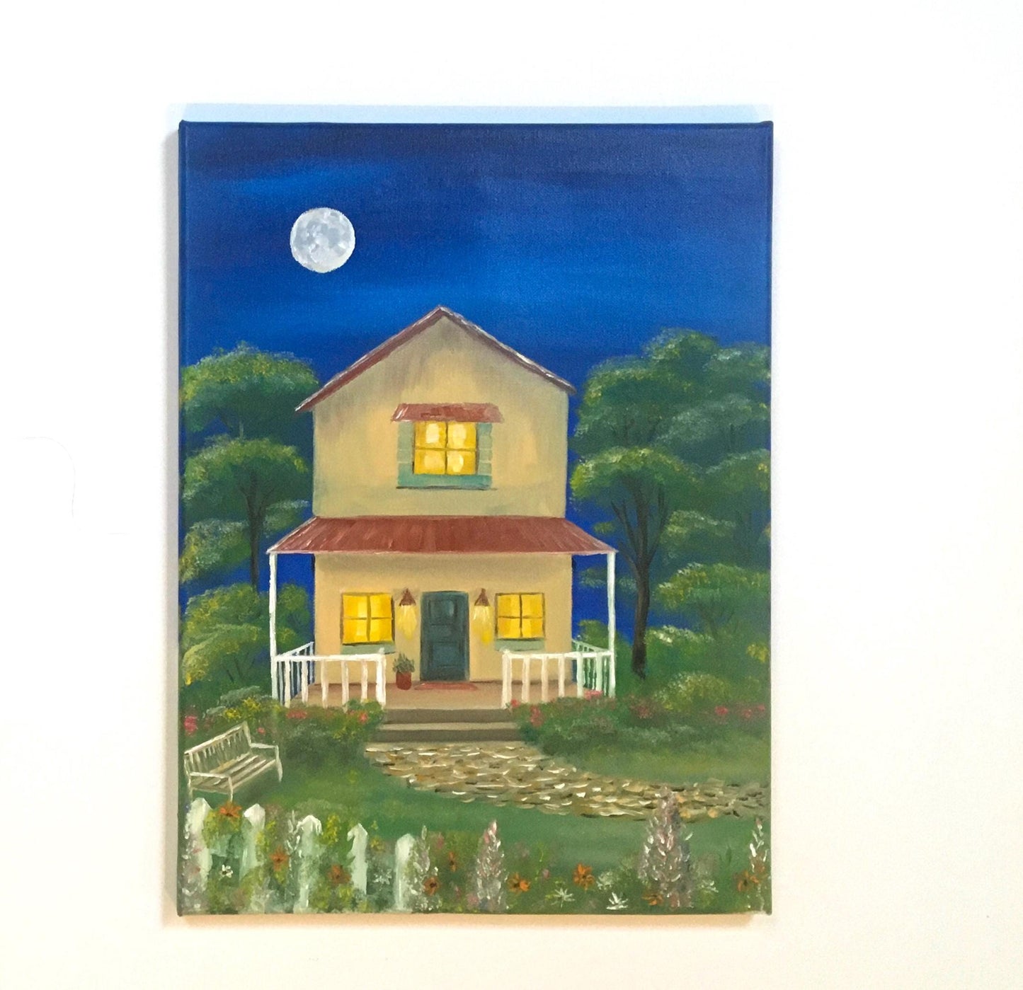 Night full moon Yellow house cozy home Original oil painting art wall hanging
