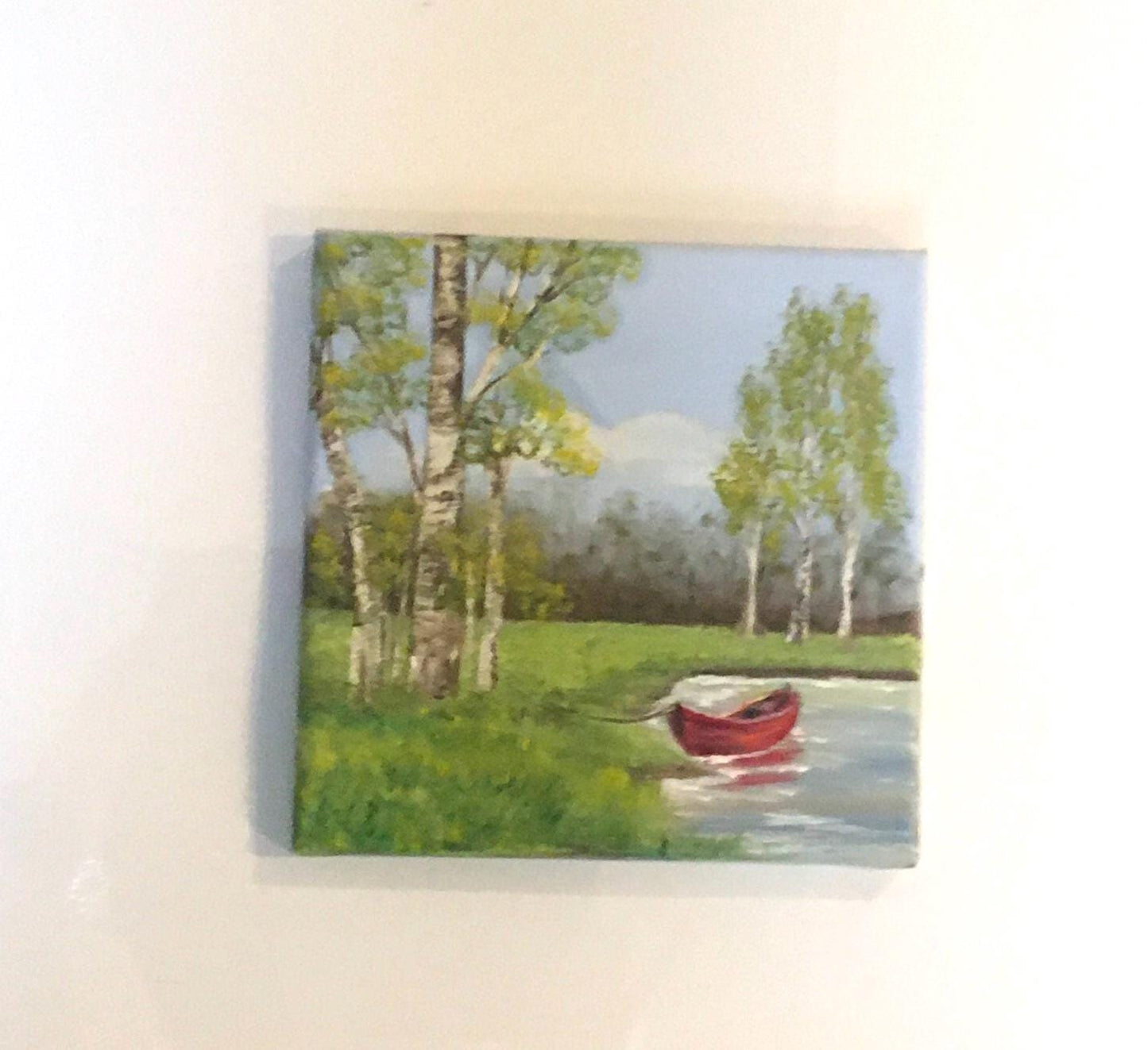 Original oil painting 8x8 inches landscape boat outdoors art ready ooak wall hanging gift