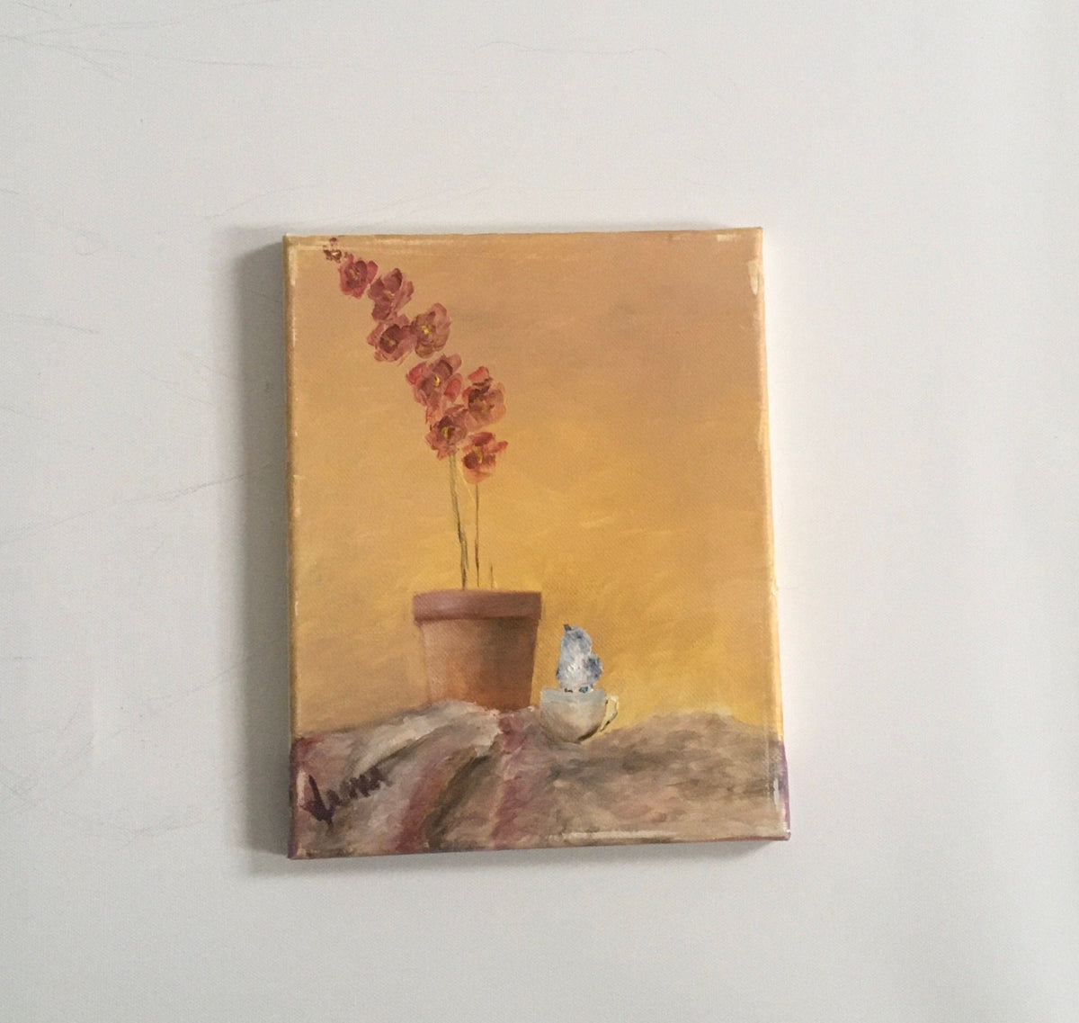 Original oil painting bird looking up at flowers ready to hang wall hanging