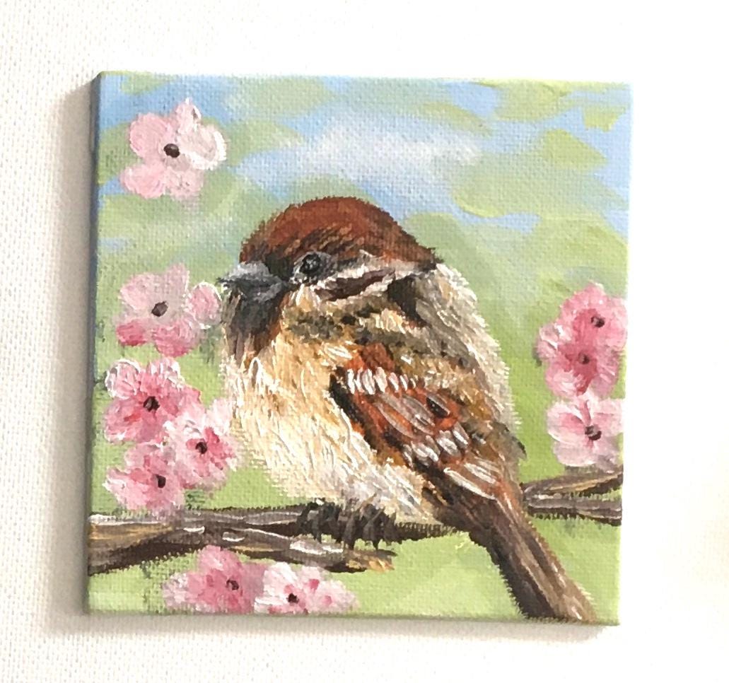 Chickadee bird 4x4 inches oil painting small canvas board art