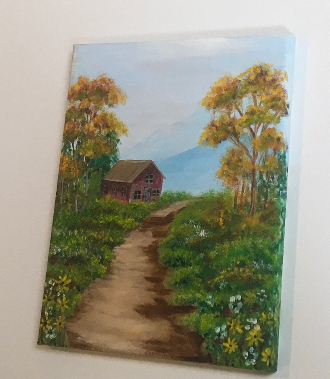 Landscape cottage trees Original oil painting art wall hanging