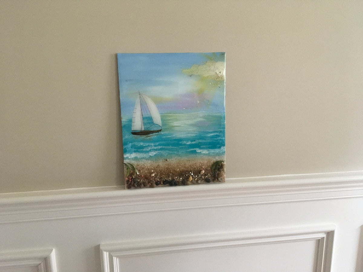 Original art beach seascape bird relaxing resin glass art 3D painting canvas board art wall hanging