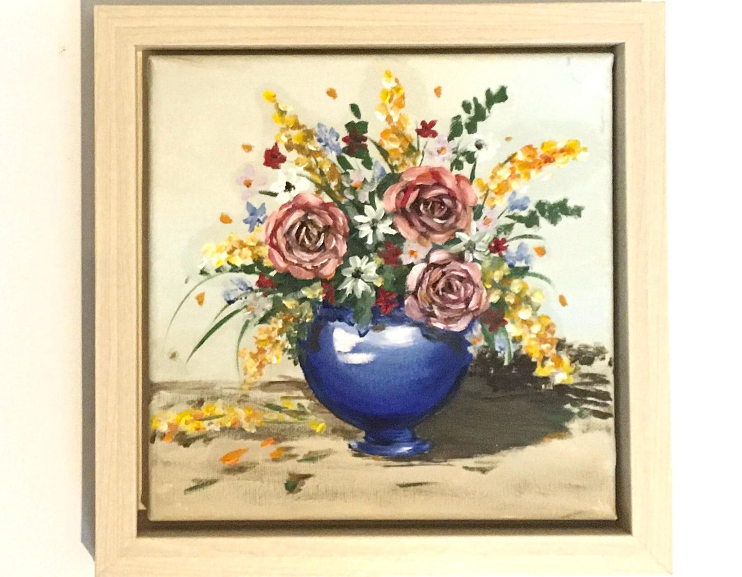 Framed Original oil painting colorful flowers in a vase art ready ooak wall hanging gift