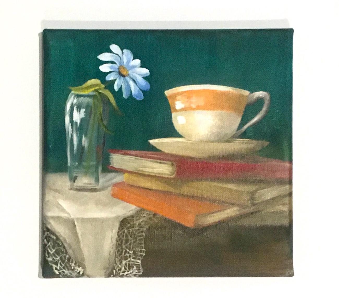 Original oil painting 8x8 inches teacup on books flower vase art ready ooak wall hanging gift