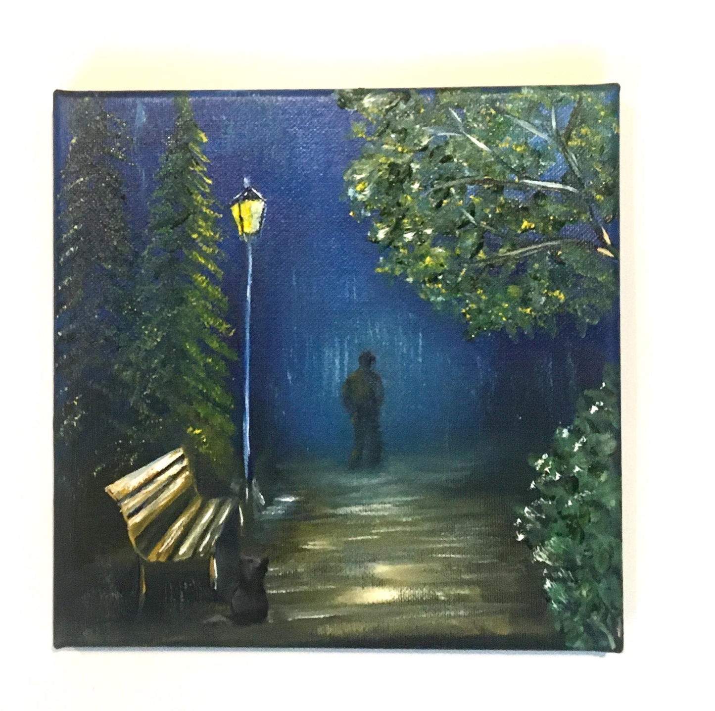 Original oil painting 8x8 inches rainy night cat person art ready ooak wall hanging gift