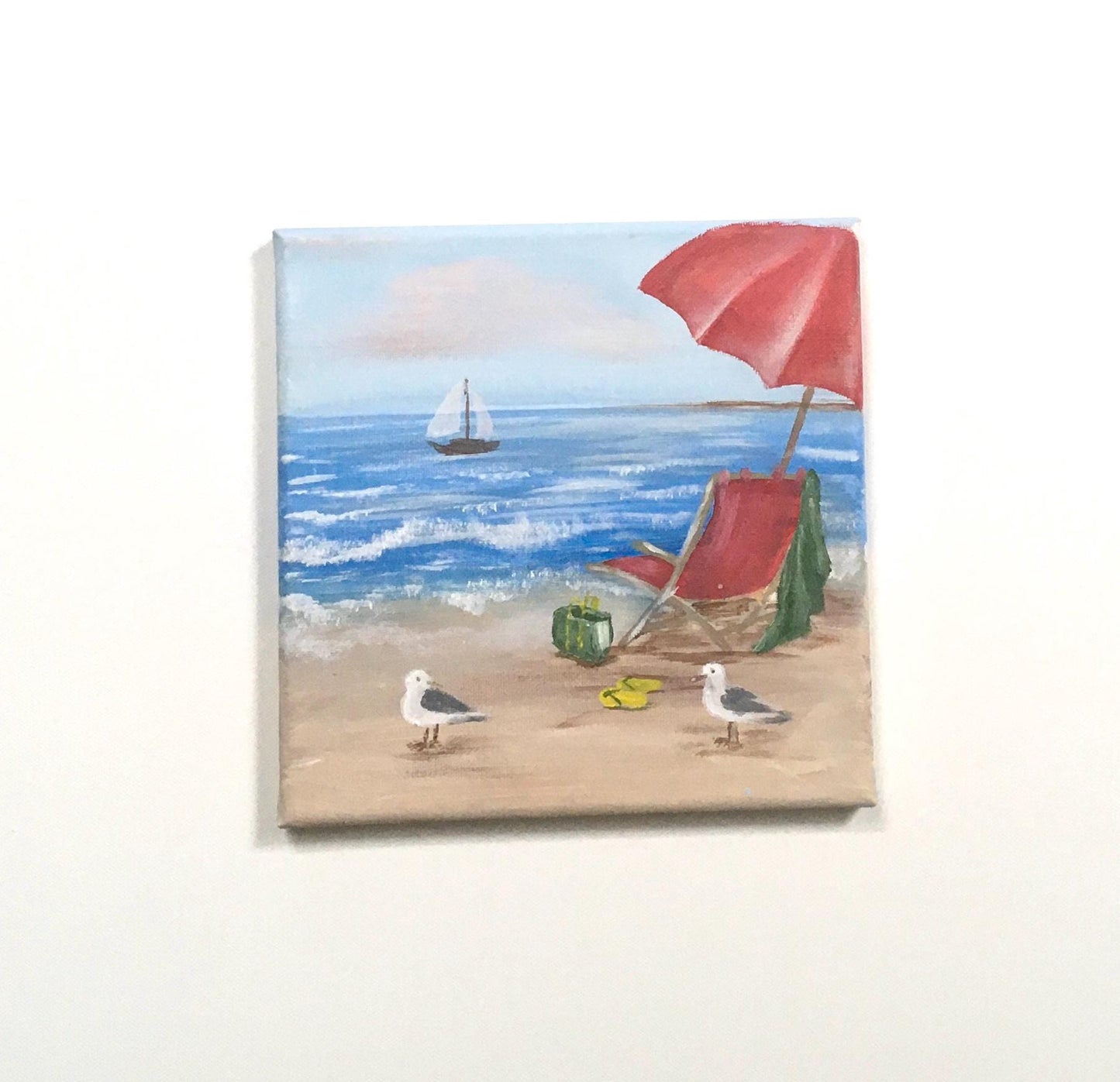 Original oil painting ocean beach birds art ready ooak wall hanging gift