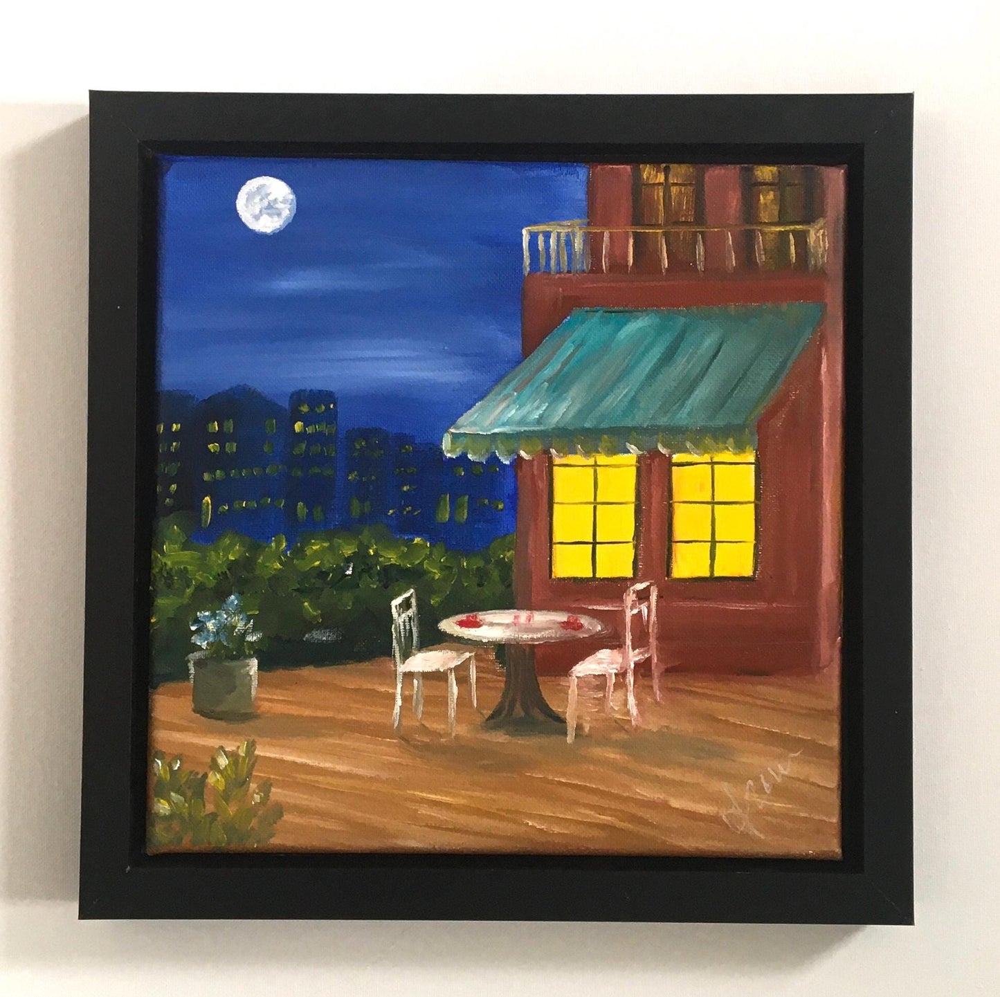 Framed art Cafe table outside night full moon Original oil painting wall hanging