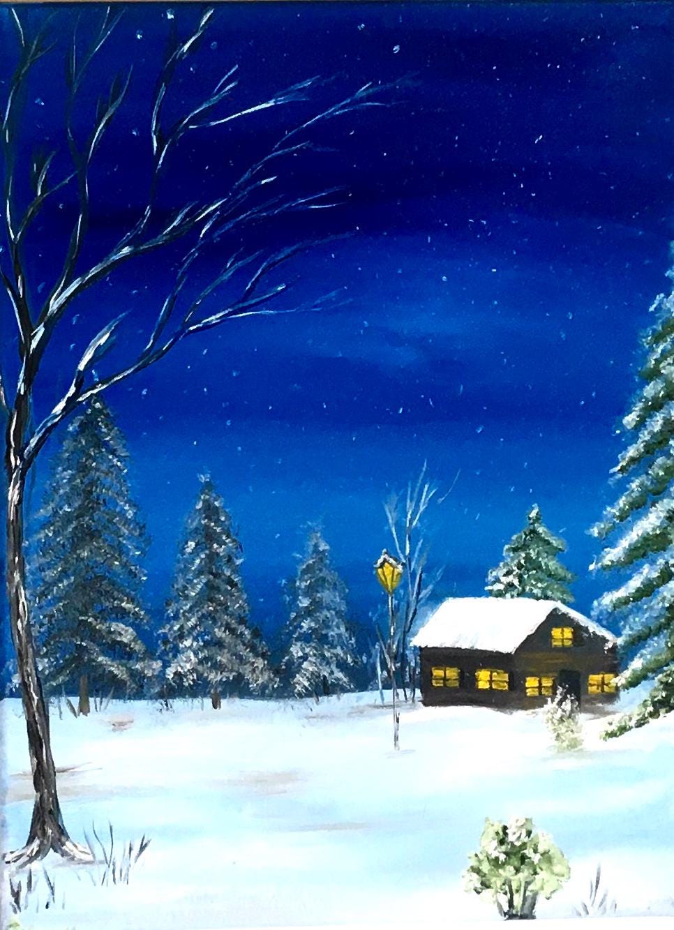 Landscape winter night 16x20 inches Original oil painting outdoor snow art wall hanging