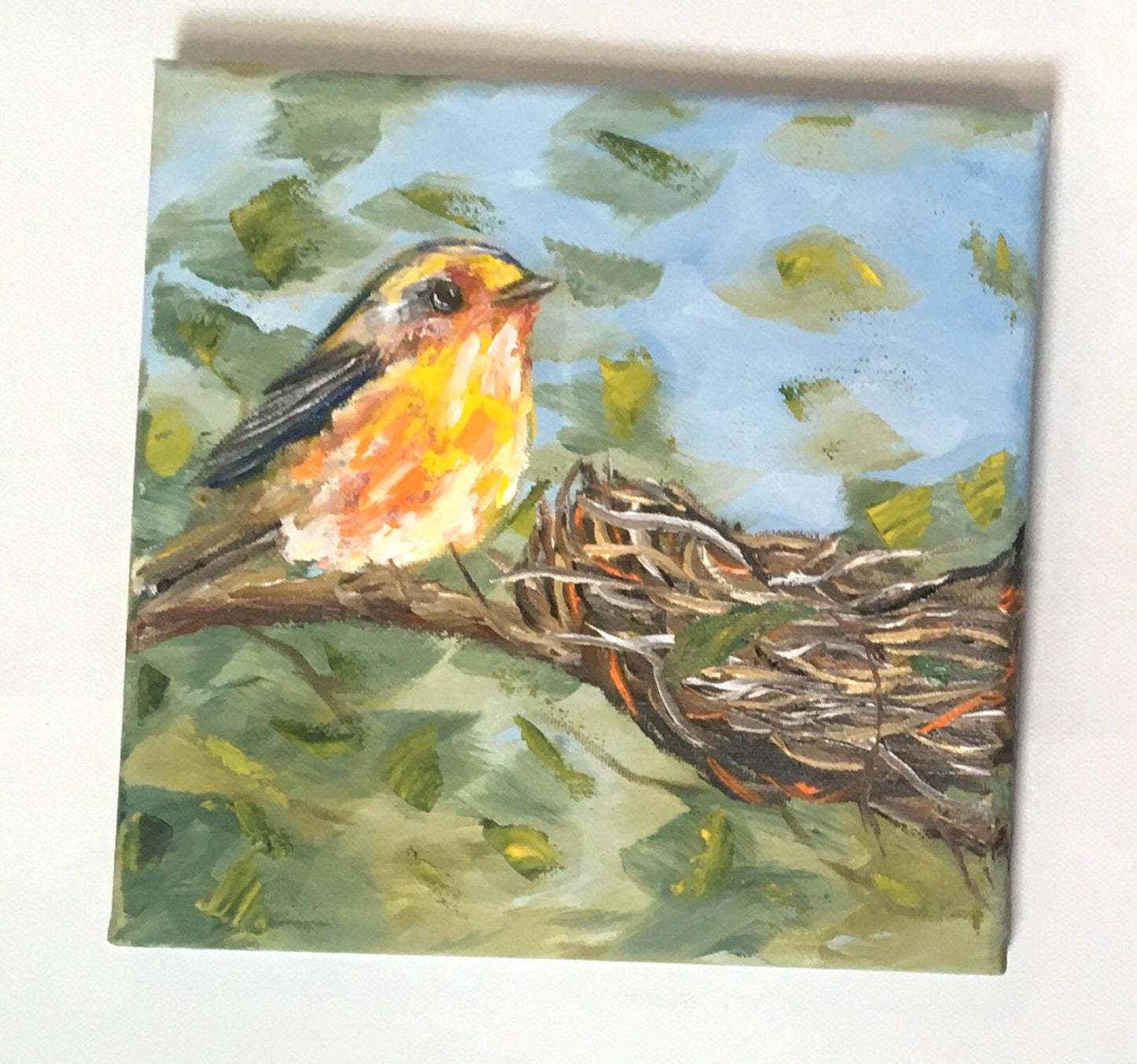 Original oil painting 8x8 inches bird nest art ready ooak wall hanging gift