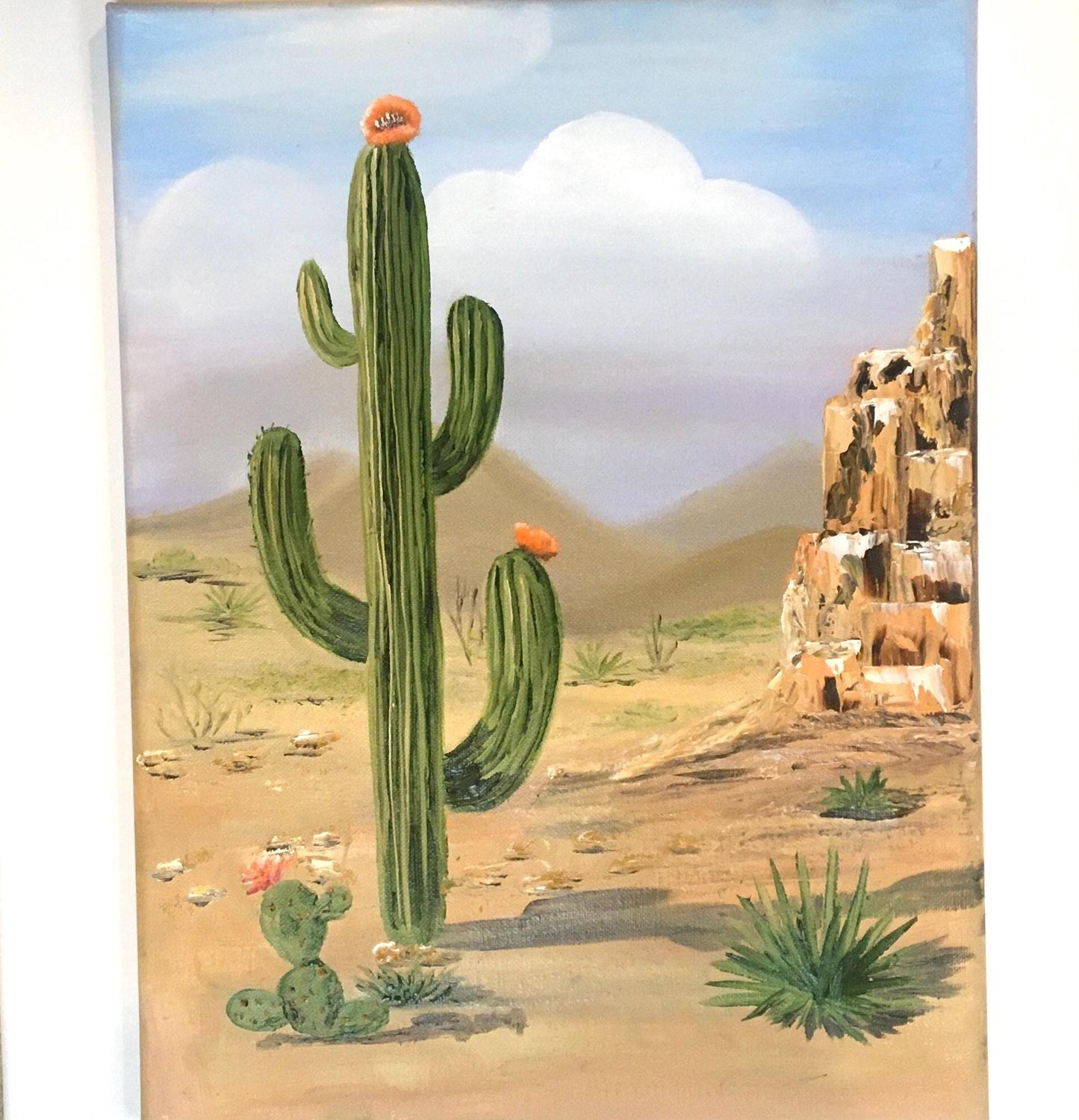 Landscape desert 16x12 inches Original oil painting cactus outdoor sunny day art wall hanging
