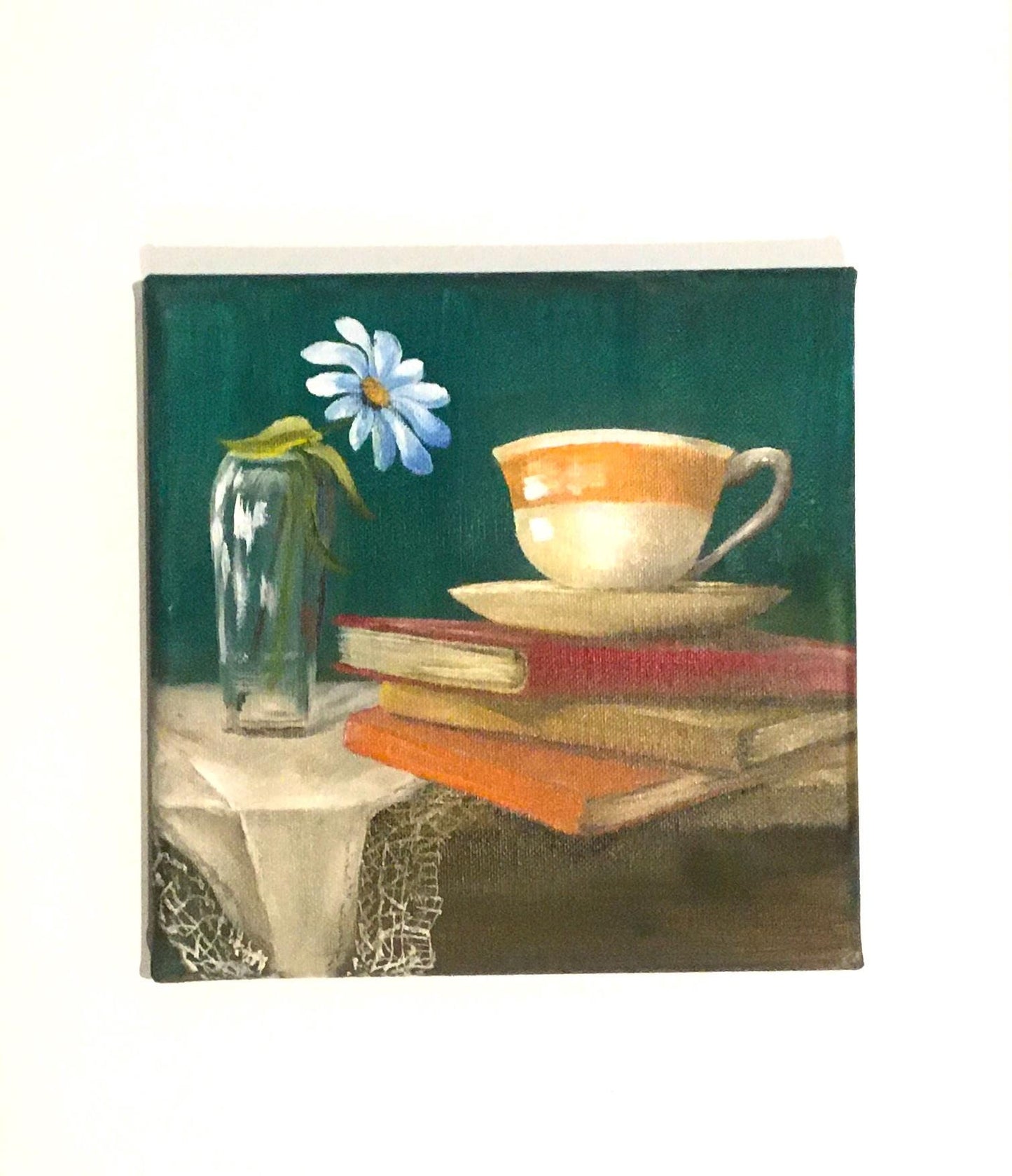 Original oil painting 8x8 inches teacup on books flower vase art ready ooak wall hanging gift