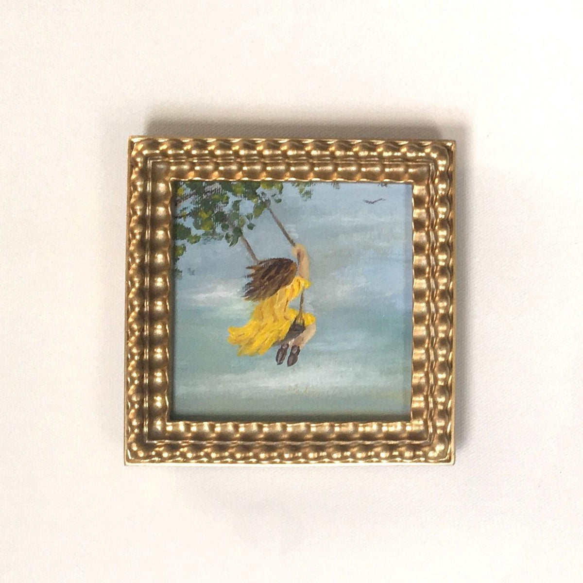 Girl swing 4x4 inches Original oil painting art wall hanging or on desk