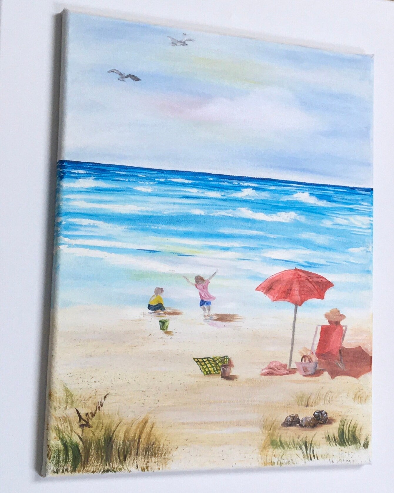 Seascape relaxing beach playing happy kids outdoor Original oil painting art wall hanging