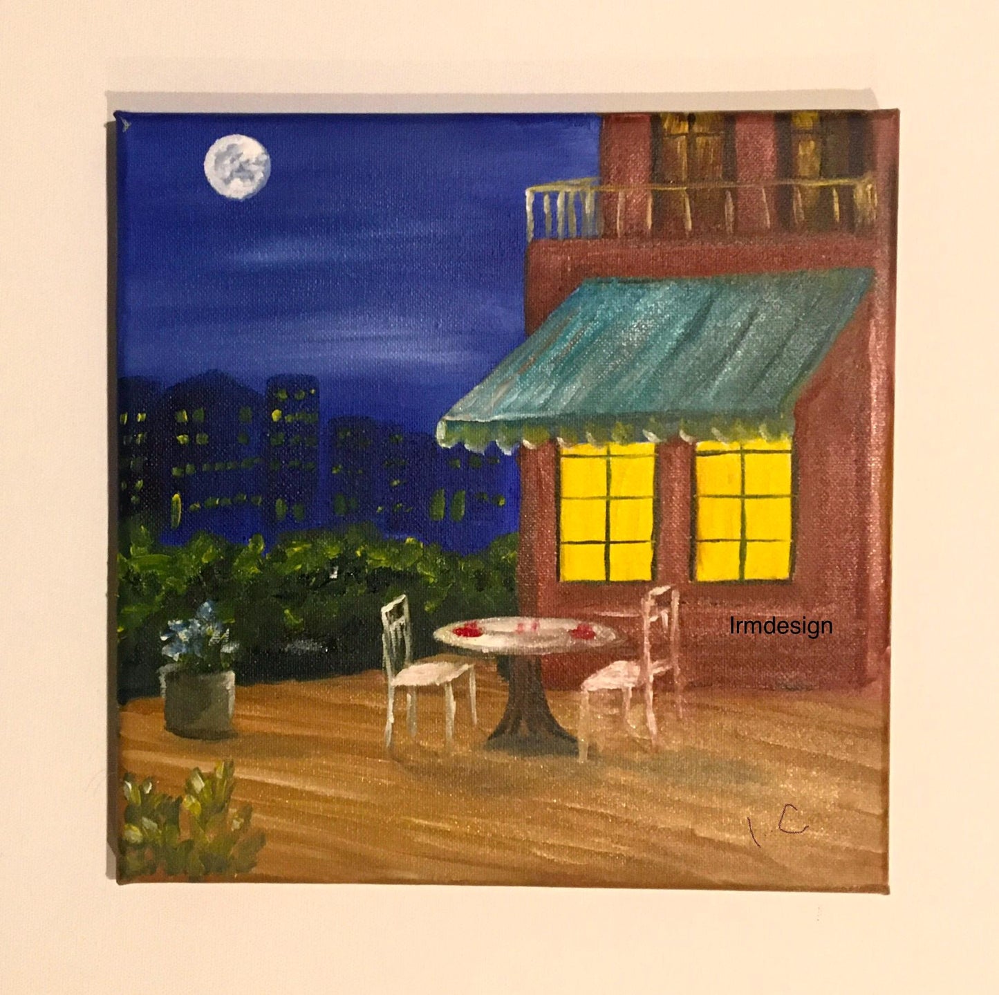 Framed art Cafe table outside night full moon Original oil painting wall hanging