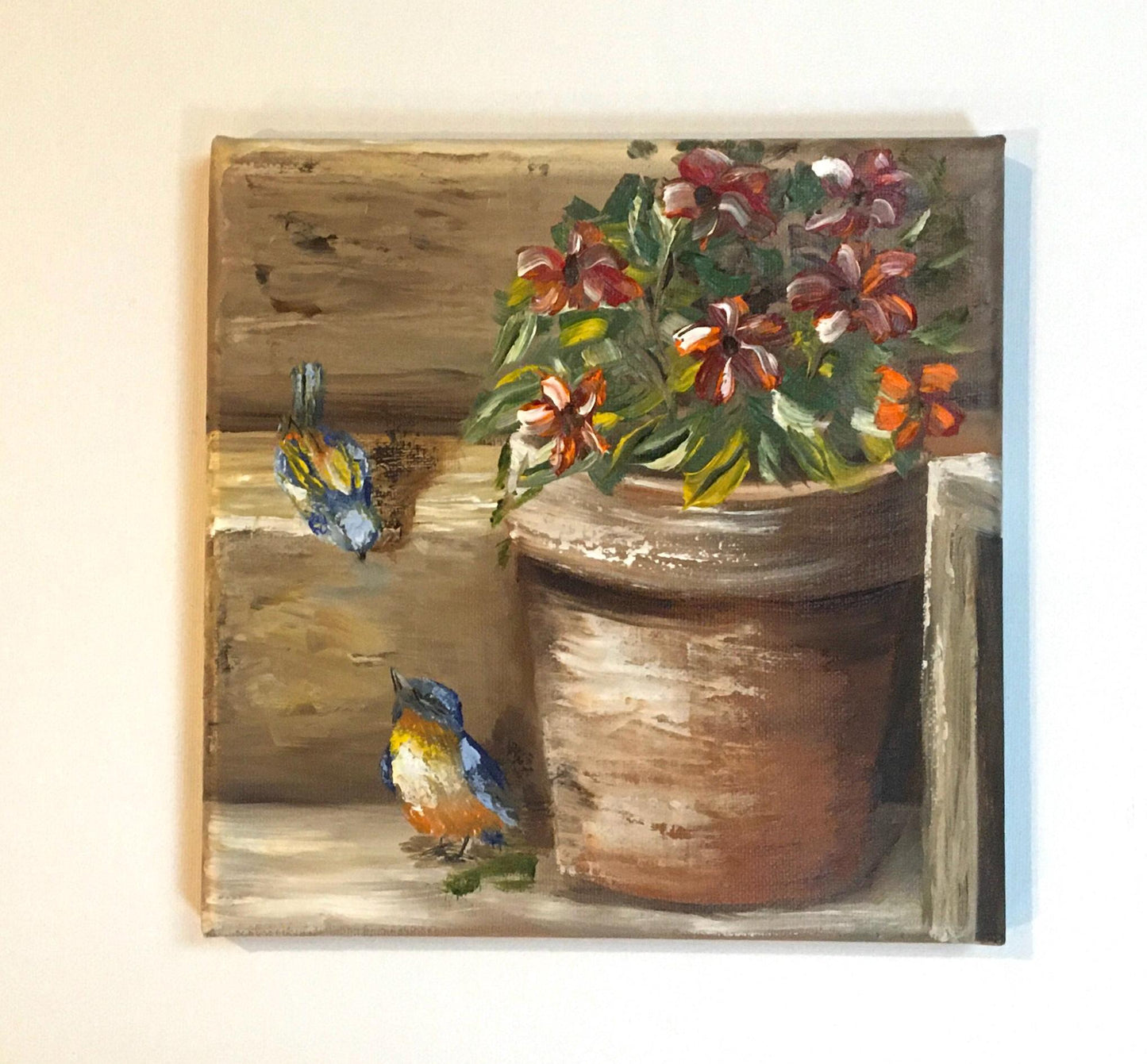 Original oil painting 8x8 inches birds flower pot art ready ooak wall hanging gift