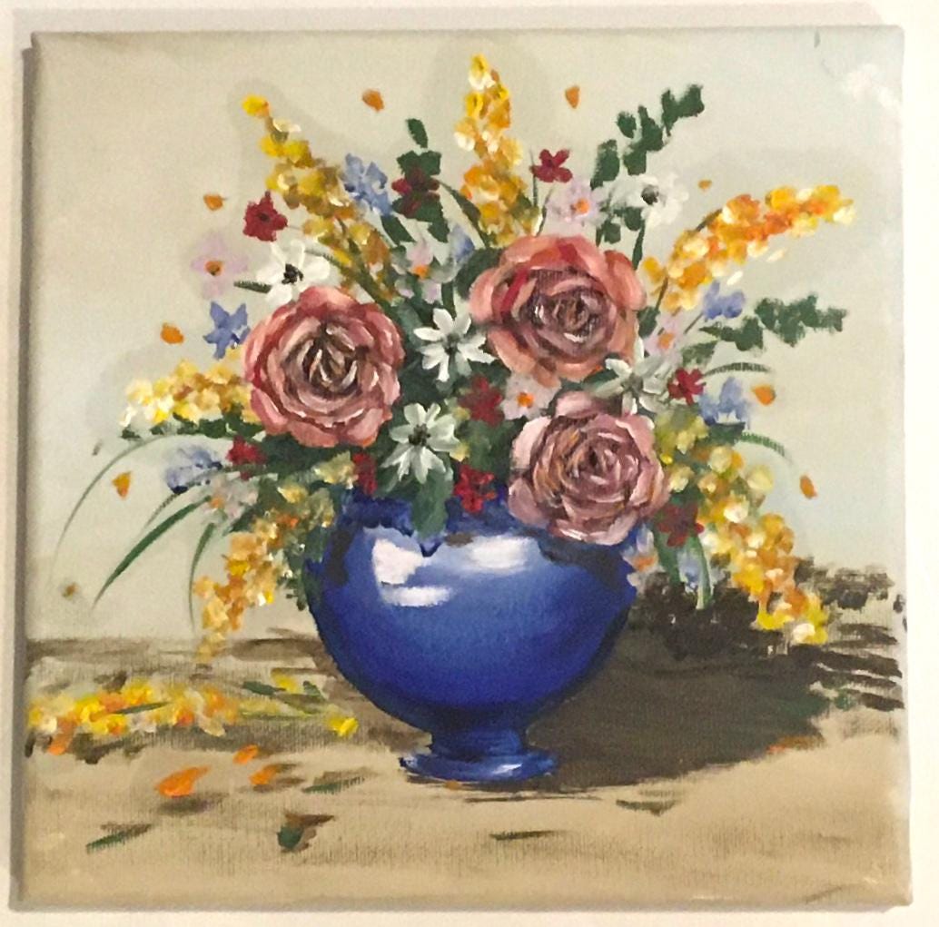 Framed Original oil painting colorful flowers in a vase art ready ooak wall hanging gift