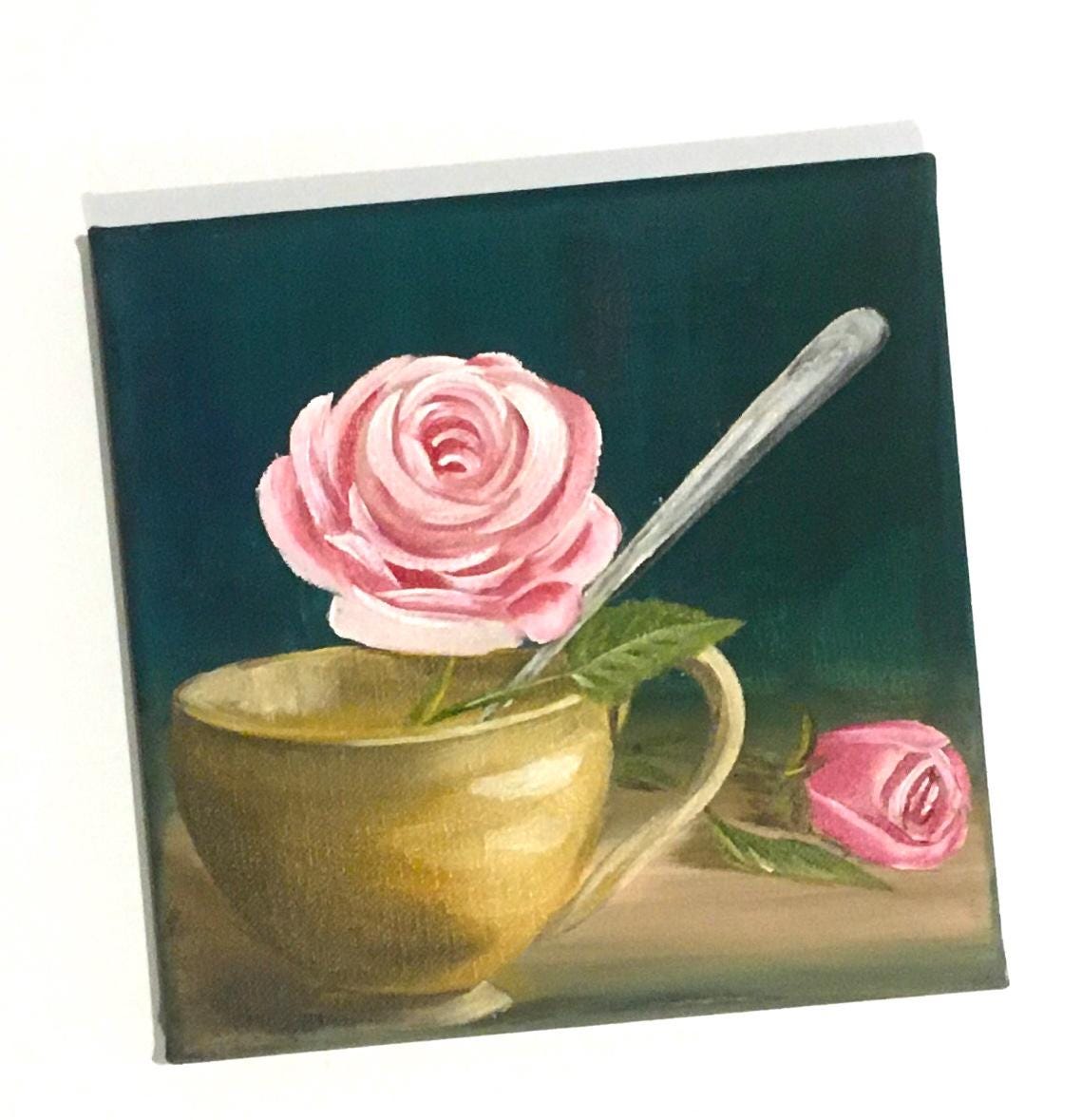 Original oil painting 8x8 inches pink rose flower in a teacup art ready ooak wall hanging gift