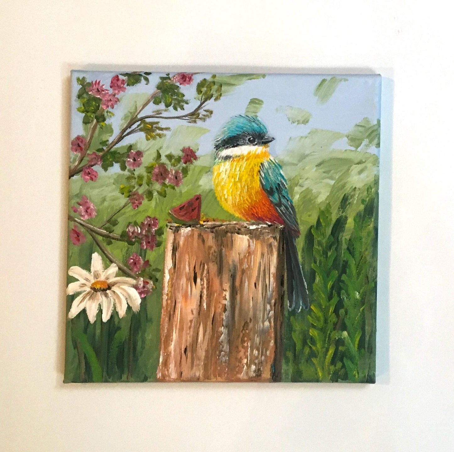 10x10 Original oil painting bird outside art ready ooak wall hanging gift