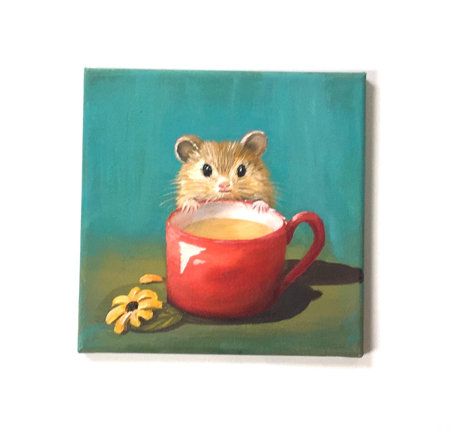 Original oil painting 8x8 inches pet hamster red cup art ready ooak wall hanging gift