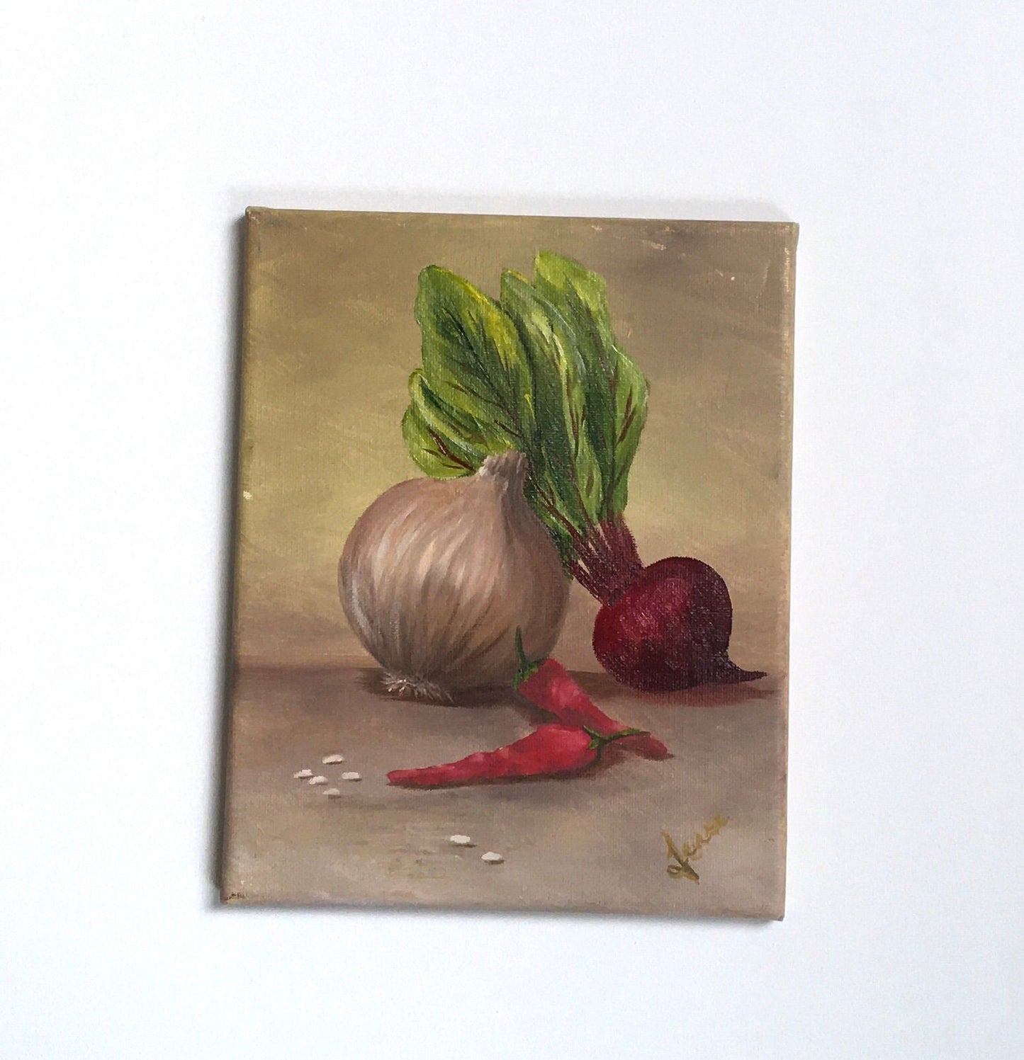 Original oil painting art onion turnip peppers kitchen food wall hanging