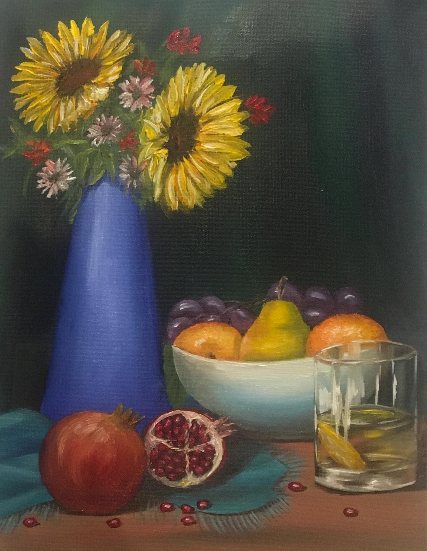 14x11 inches Original oil painting fruit bowl sunflowers vase kitchen art wall hanging